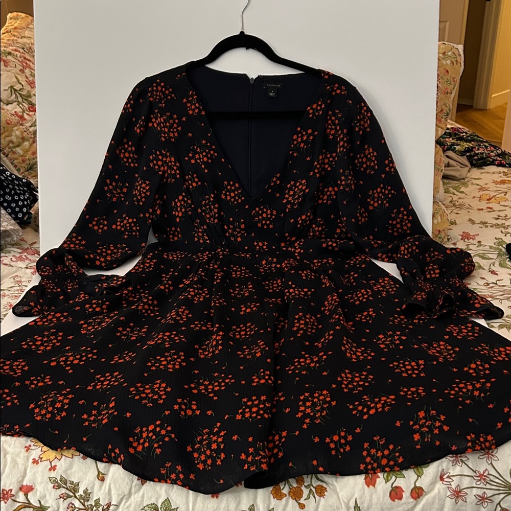 Ann Taylor Black and Orange Floral Long Sleeve Dress